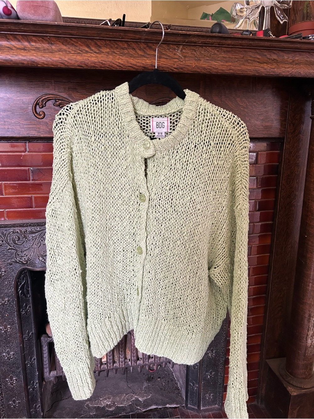 BDG Sage Green Chunky Open-Knit Button Cardigan
